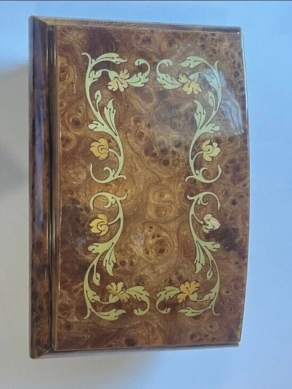 Vintage Splendid Italian Inlaid Wood Music Jewelry Box Floral Design
